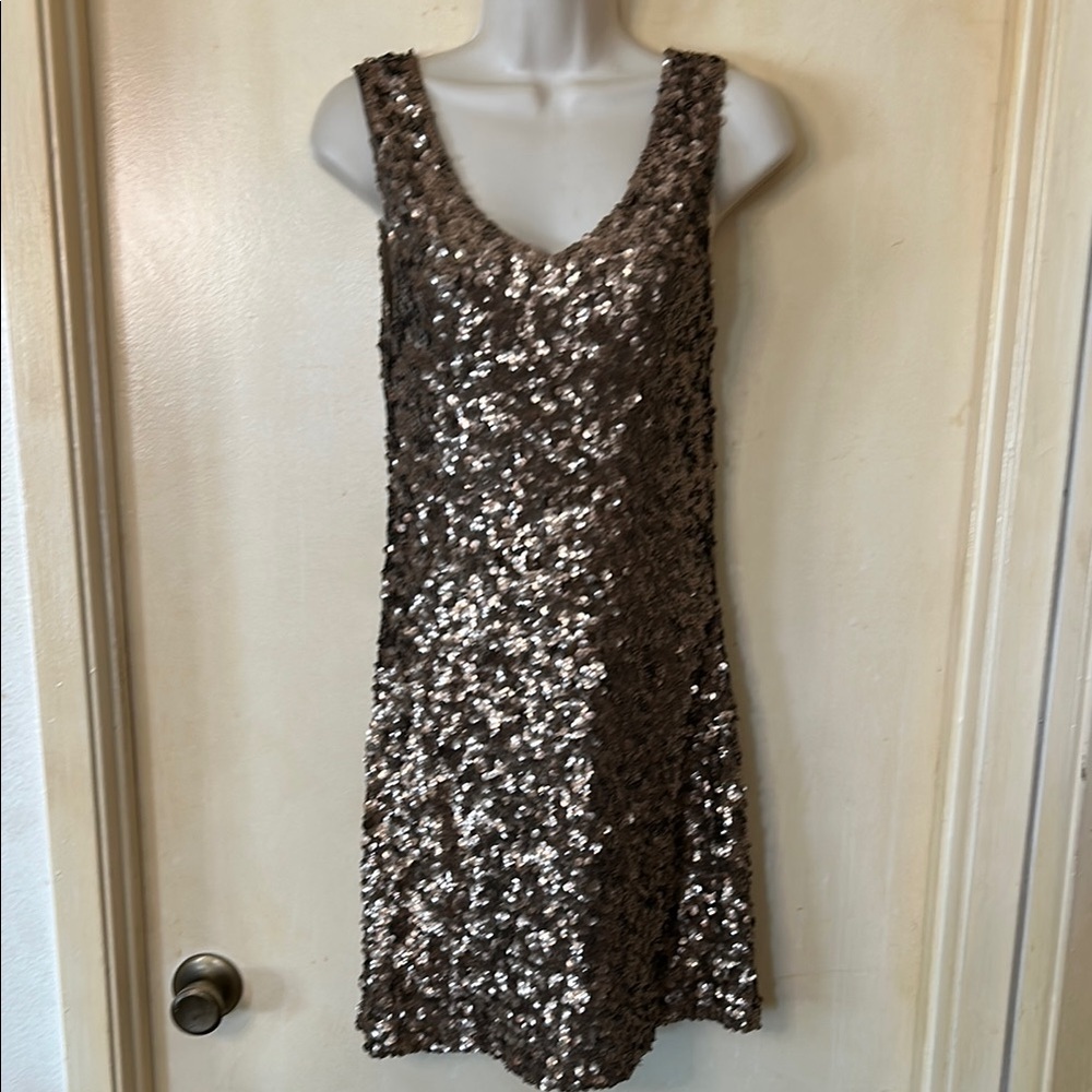 Amber Blue Gold Sequin Scoop Neck Mini Dress Cocktail size L
